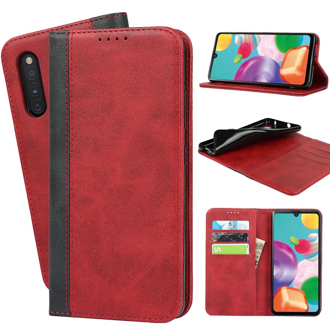 Havaya Galaxy A41 ケース ギャラクシーa41 ケース au SCV48 スマホケース SC-41A ドコモ 手帳型 耐衝撃 SC41A カバー docomo Samsung マグネット式 UQmobile カード収納 SoftBank レザー-レッド+ブラック