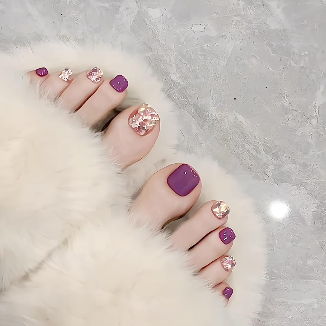 [ALLEVG]フットネイルチップ 24枚入 足用ネイルチップ ショート 紫 つけ爪 マグネットネイル 夏 フットネイル 可愛い 成人式 人気