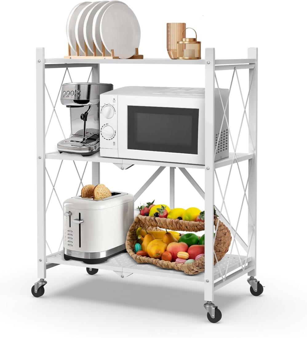 AEEZO 折り畳みラック 3段 幅71×奥行き34×高さ87cm 折りたたみ収納ラック スチールラック キャスター付き移動式棚 メタルラック 食器収納棚 キッチンラック シェルフラック 頑丈 メタルシェルフ 防サビ金属収納ラック 食器棚 全体耐荷重100kg 家電収納棚 移動便利 高耐久