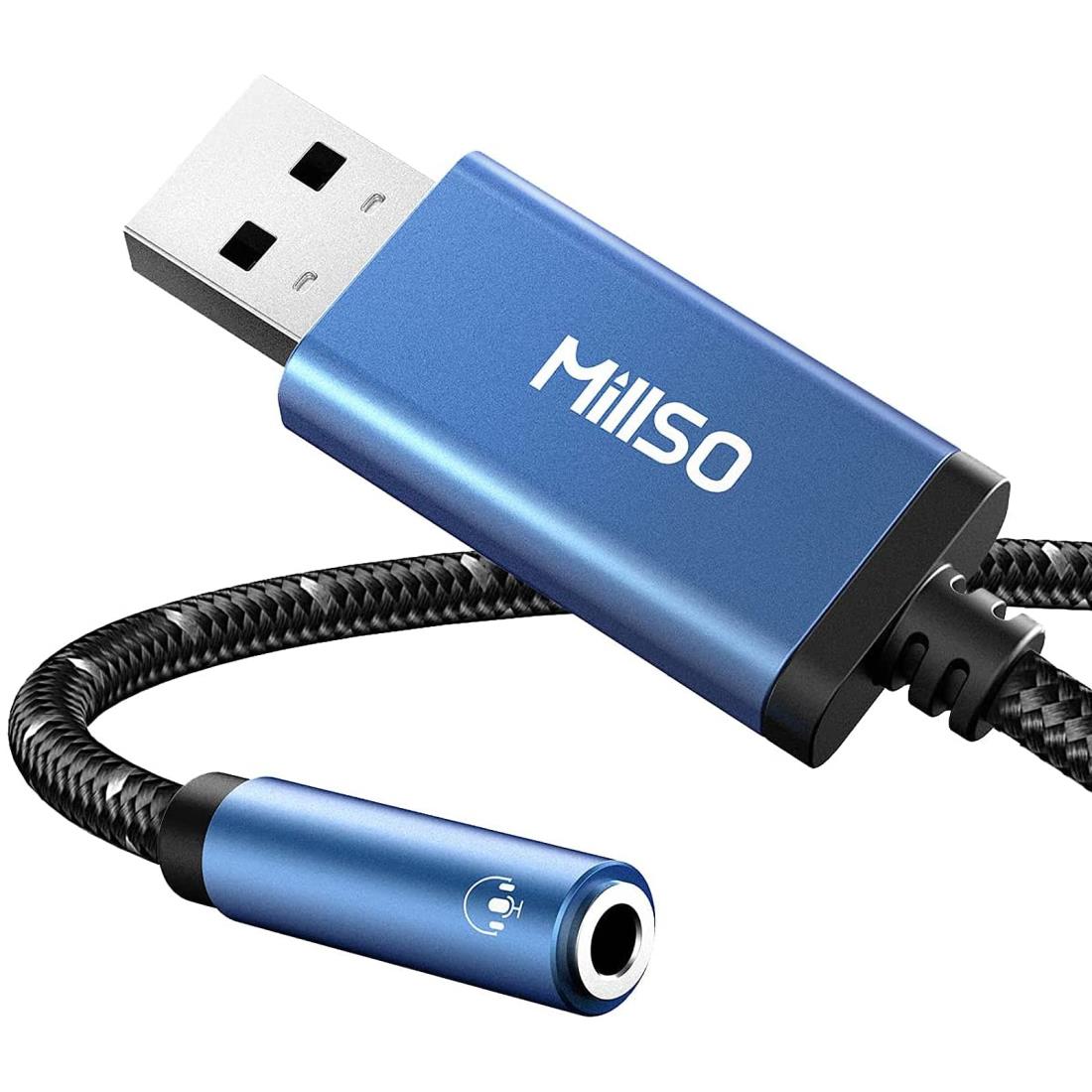 MillSO USB オーディオ 変換アダプタ 高耐久ナイロン編み製 ドライバ不要 外付け サウンドカード USBポート-4極(TRRS)ステレオミニジャック USB オーディオインターフェース PC/PS4/PS5、Windows Vista/XP、Linux、Mac OS/X、Chrome OS、Unix等対応