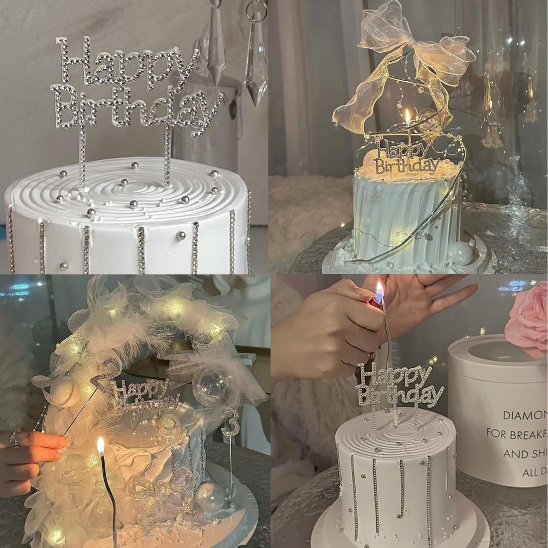 nalaina Happy Birthday ケーキトッパー 誕生日 ケーキ挿入カード ウォータドリル 誕生日ケーキ ハッピーバースデー 飾り付け ケーキ飾り ケーキ専用 デコレーション ケーキ お誕生日 記念写真 お祝い 記念撮影 かわいい 誕生日パーティー シルバー 3