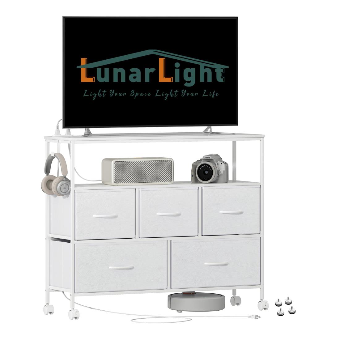 楽天プライムプラス　楽天市場店LunarLight チェスト タンス 幅100奥行き30高さ78 収納チェスト 収納ケース コンセント2個口付き ストッパキャスター付き 移動式と固定式2機能 テレビ台としても使える 頑丈 組立簡単 耐震転倒防止 大容量収納2段5杯 棚板2枚 （真っ白）