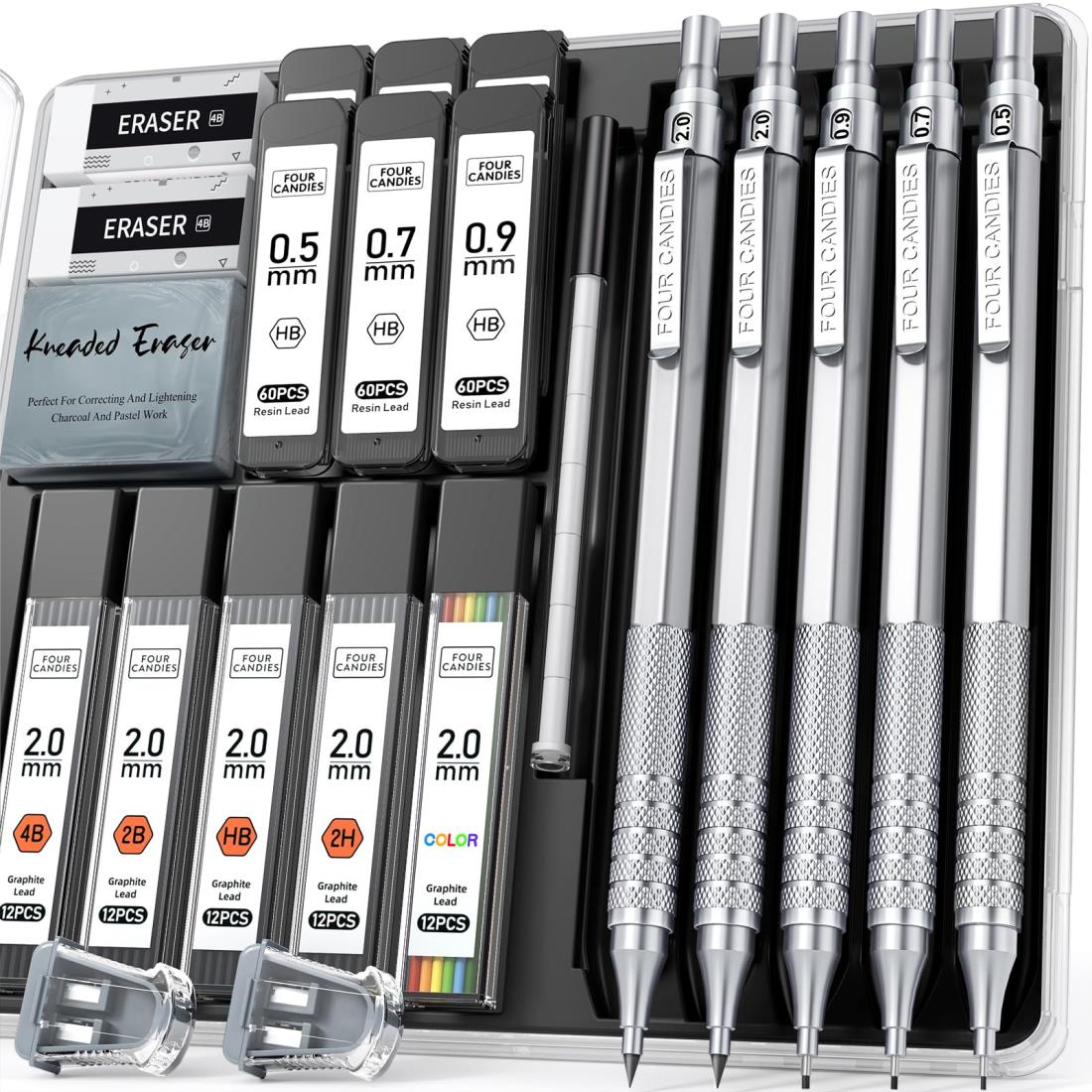Four Candies 金属製シャープペンシル セット 0.5mm、0.7mm、0.9mm 各1本 & 2mm 2本 420本入りシャー芯（4B、2B、HB、2H、カラー） アート 製図 スケッチ 文房具セット シルバー primeplus-10078942 プライムプラス 楽天市場店 パッケージ画像