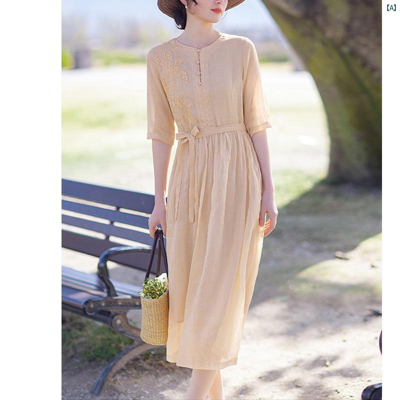 レディース 春コーデ 夏コーデ ファッション 2025 年 夏 高級 文芸 コットン リネン 婦人 服 重厚 刺繍 レースアップウエストスリムラミーワンピース