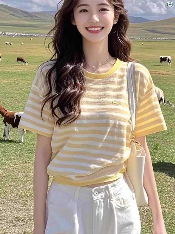 レディース 春コーデ 夏コーデ ファッション 2025 年 春 韓国 風 シック ニッチデザインイエローストライプ 半袖 Tシャツ 女性 感じ させい トップス