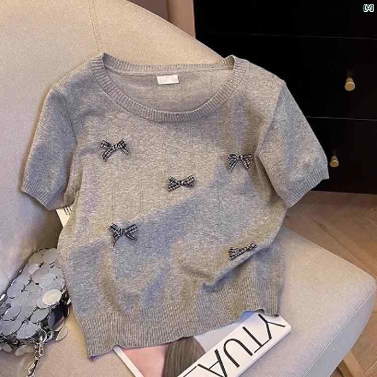 レディース 春コーデ 夏コーデ ファッション 超 かっこ いい グレー ラウンド ネック ボウ ショルダー 半袖 Tシャツ 2025 年 夏 シック ニッチニットトップス