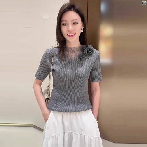 レディース 春コーデ 夏コーデ ファッション フレンチグレーフラワープルオーバー 半袖 セーター 2025 年 夏 ゆったり カジュアルスリムトップストレンド レディース 春コーデ 夏コーデ ファッション フレンチグレーフラワープルオーバー 半袖 セーター 2025 年 夏 ゆったり カジュアルスリムトップストレンド