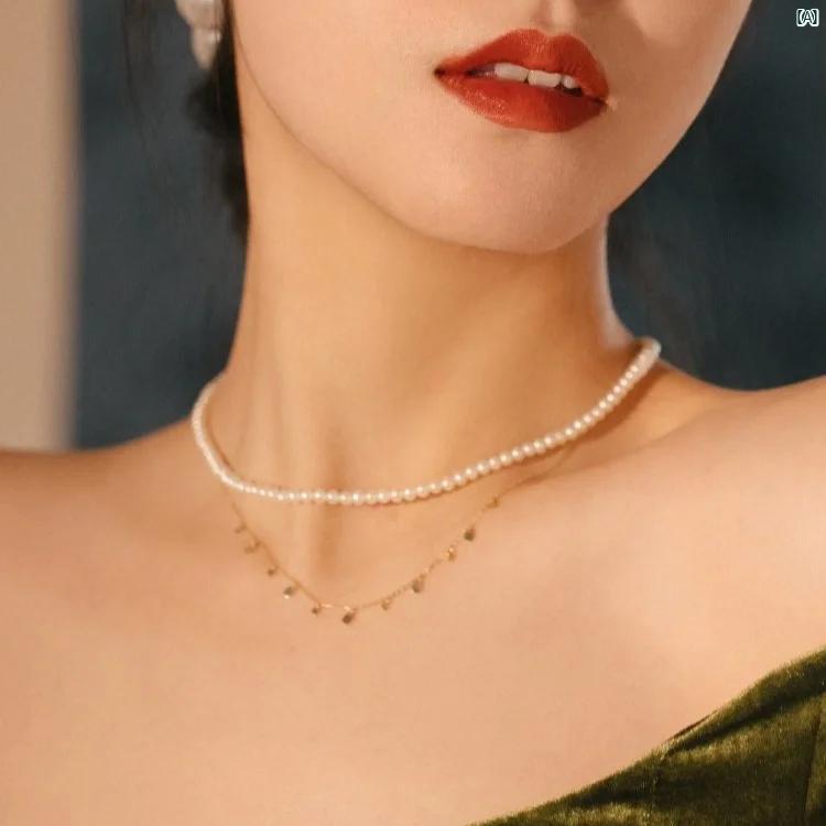 レディース　ファッション　冠婚葬祭 小柄 パール 付いた 風 チョーカー フレンチ レトロ 重ね 付け 適..