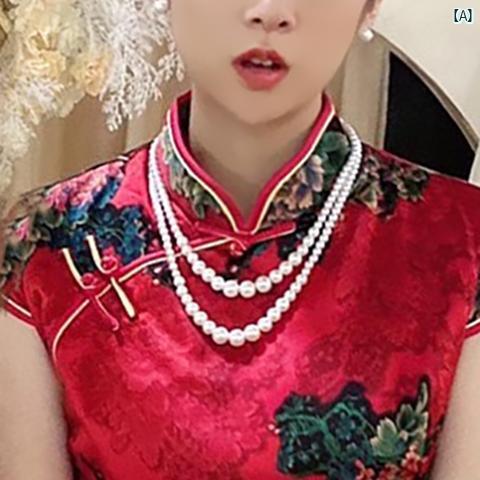 レディース ファッション 冠婚葬祭 チャイナ ドレス チョーカー 3層 パールネックレス マザーズ アクセサリー レトロ 鎖骨 多層 セーター チェーン 合わせ...