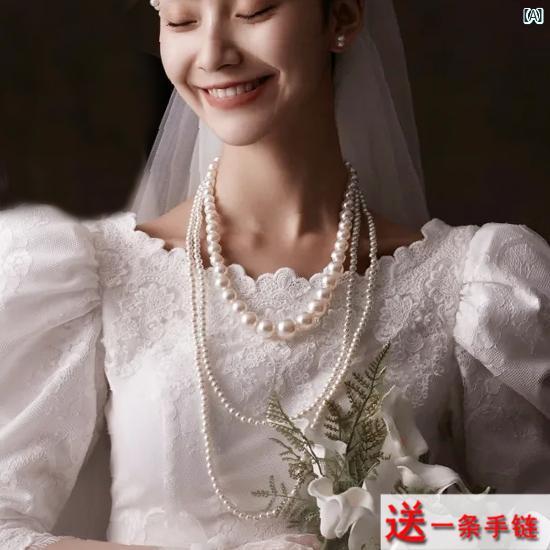 レディース　ファッション　冠婚葬祭 3層 パールネックレス 長い アクセサリー フレンチ ブライダル 二..