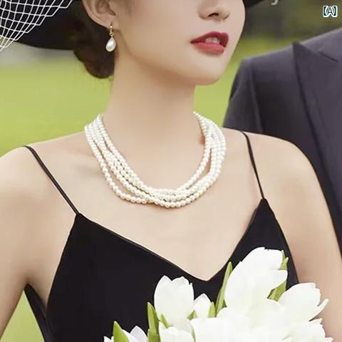 レディース　ファッション　冠婚葬祭 多層 パールネックレス セーター 鎖骨 チェーンチョーカー ど ア..