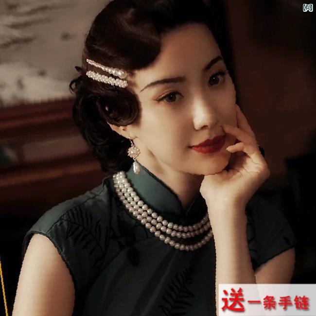 レディース　ファッション　冠婚葬祭 チャイナ ドレス ネックレス 3層 パール チョーカー 二重 鎖骨 ア..