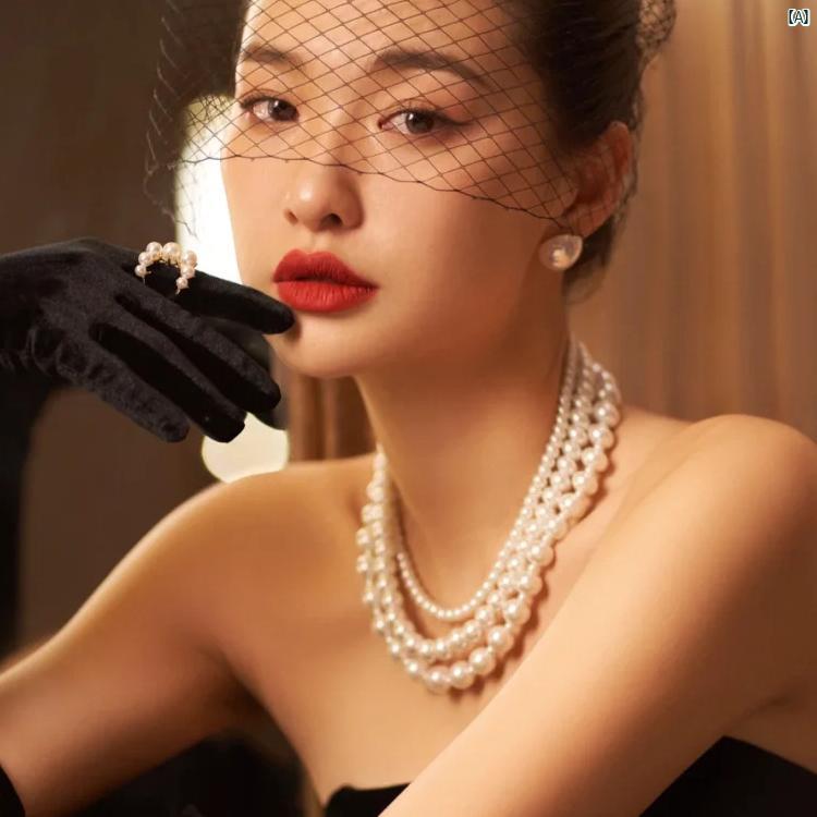 レディース　ファッション　冠婚葬祭 3層 パールネックレス 鎖骨 チェーンチョーカー 多層 フレンチ レ..