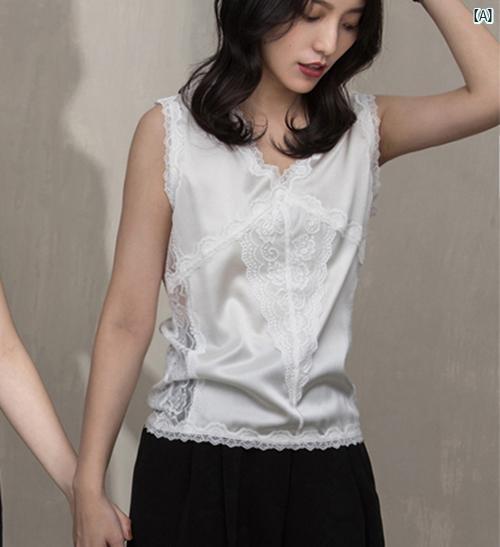 レディース　ファッション　冠婚葬祭 ブラック レース トリム ベスト ヨーロピアン キャミソール サテ..