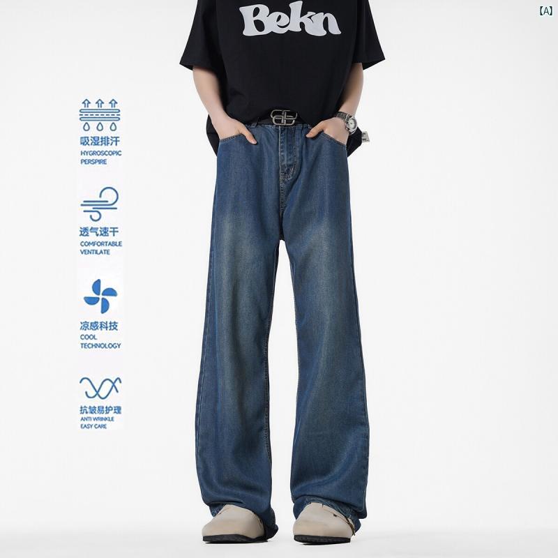 メンズ　春　ユニセックス　秋　夏　コーデ　ファッション リヨセル 薄手 アイス シルク ジーンズ メンズ 夏 涼しい 速 乾 ストレート 日焼け 防止 パンツ オールド ウォッシュ シミター