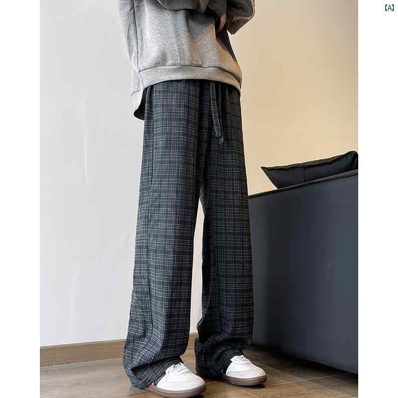 メンズ　ファッション　コーデ　秋　冬コーデ コーデュロイ チェック柄 ワイド レッグ パンツ 男性用 春秋 レトロ ルーズ ストレート カジュアル ロング