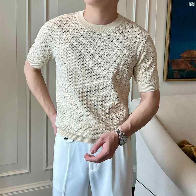メンズ　春　ユニセックス　秋　夏　コーデ　ファッション アイス シルク 半袖 セーター メンズ 夏 涼しく 通 気性 韓国 風 軽い 成熟 した カジュアル 多目的 T シャツ トップス ボトムス トレンド