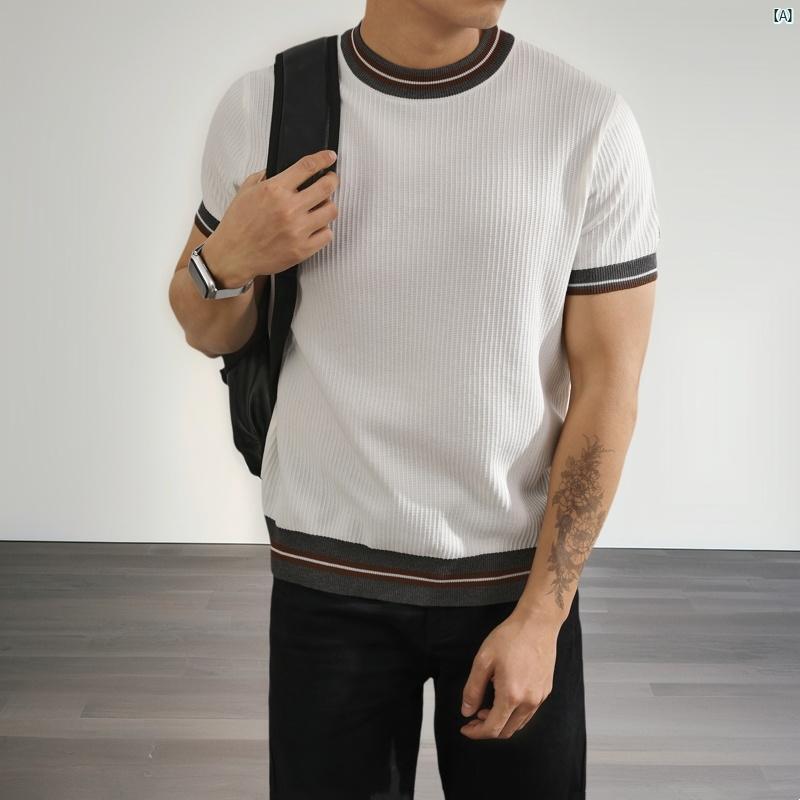 メンズ　春　ユニセックス　秋　夏　コーデ　ファッション アイス シルク 半袖 ラウンド ネック セータ..