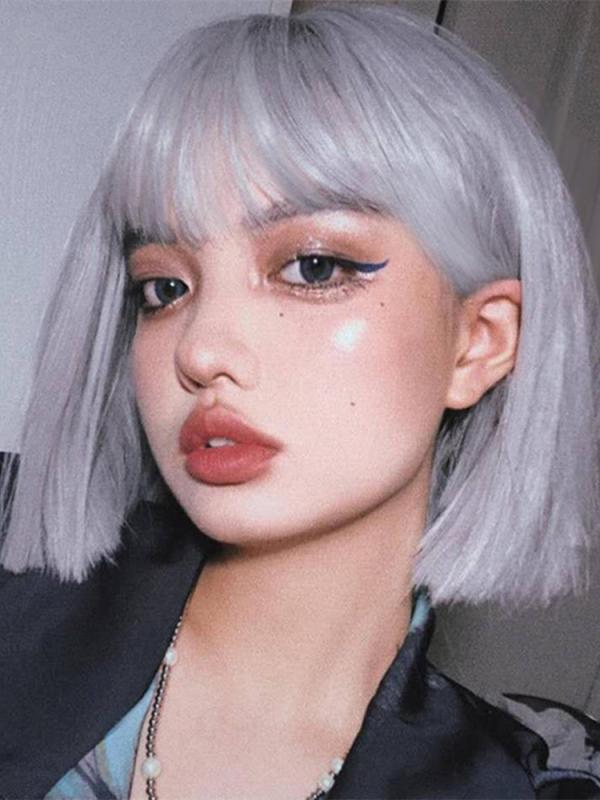 ウィッグ レディース ファッション コーデ アイテム ショート ヘア ウィッグ レディース フリー サイズ ストレート ボブ ヘッド クールおばあちゃん グレー...