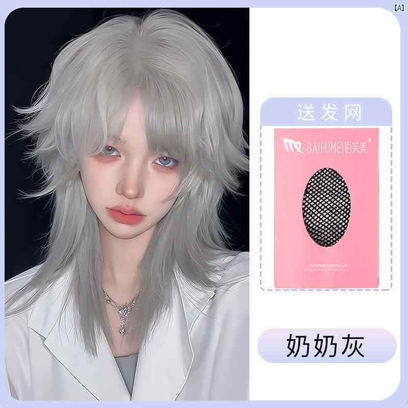 ウィッグ レディース ファッション コーデ アイテム メンズレディース 狼 尾 かつら マレット ヘッド グレー 風 長い 髪 半分 結んだ 真ん中 部分 戦士...