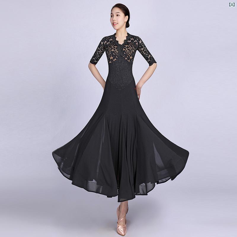 ダンス　衣装　ダンス衣装　オシャレ レース モダン ダンス ドレス ブラック ミッド スリーブ スリム V..