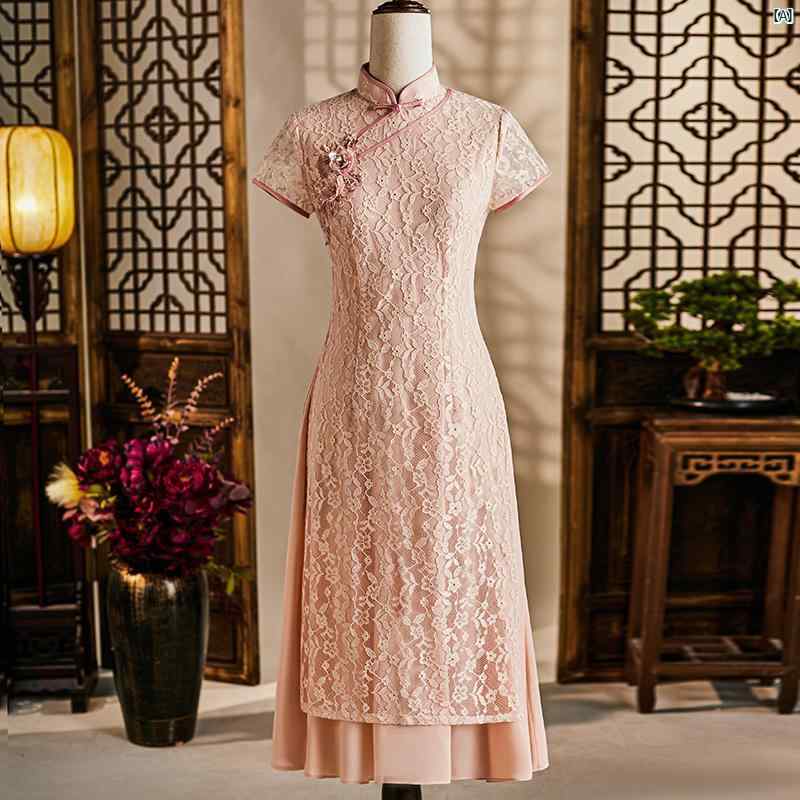ドレス　チャイナドレス　オシャレ　綺麗　上品　コーデ　大歳　コスプレ チャイナ ドレス レディース 夏 若々しい アオザイ ピンク レース 母