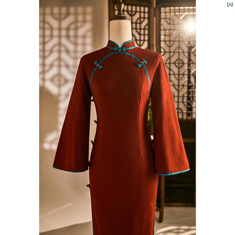 ドレス　チャイナドレス　オシャレ　綺麗　上品　コーデ　大歳　コスプレ チャイナ トースト 着用 花嫁新 秋冬 長袖 婚約 ドレス レディース オレンジ ベル 袖