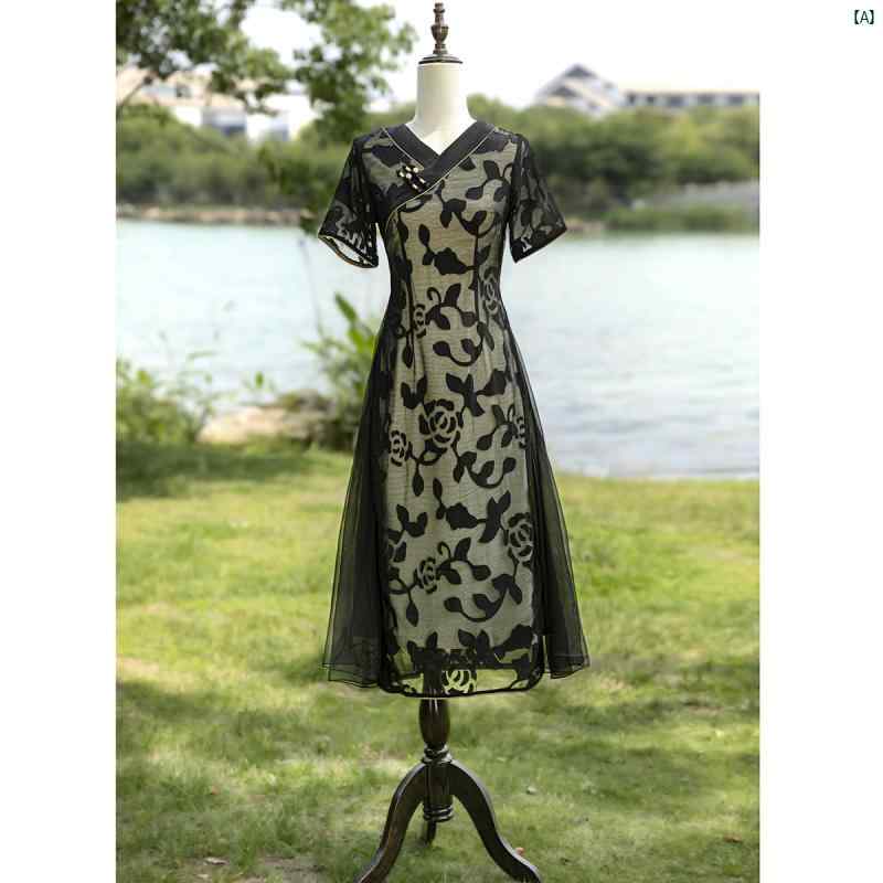 ドレス　チャイナドレス　中国　オシャレ　綺麗　上品　コーデ　大歳　コスプレ チャイナ ドレス 夏 中華風 アオザイ ブラック バラ低 襟