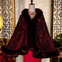 ドレス チャイナドレス 中国 オシャレ 綺麗 上品 コーデ 大歳 コスプレ ブルゴーニュ チャイナ ショール レディース 秋冬 結婚式 披露宴 衣装 義母用 アウター コート スパンコール 付き ウサギ 毛皮 襟
