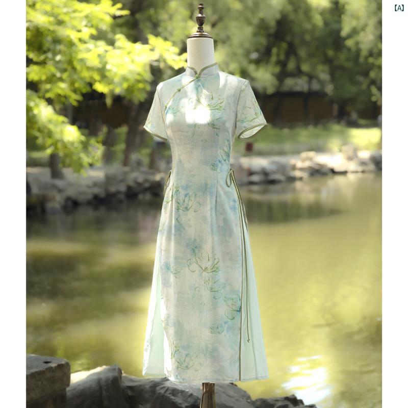 ドレス　チャイナドレス　中国　オシャレ　綺麗　上品　コーデ　大歳　コスプレ グリーン チャイナ ドレス レディース 夏 中華風 アオザイ 江南 レースアップ 母