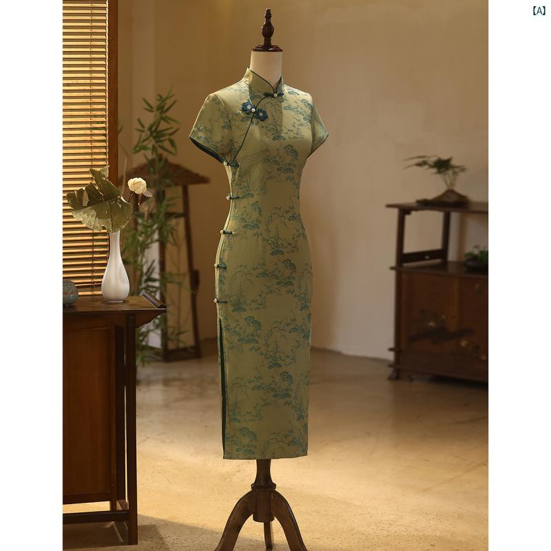 ドレス　チャイナドレス　オシャレ　綺麗　上品　コーデ　大歳　コスプレ グレー グリーン チャイナ ドレス レディース 夏 中華風 レトロ スリムフィット 日常 着用