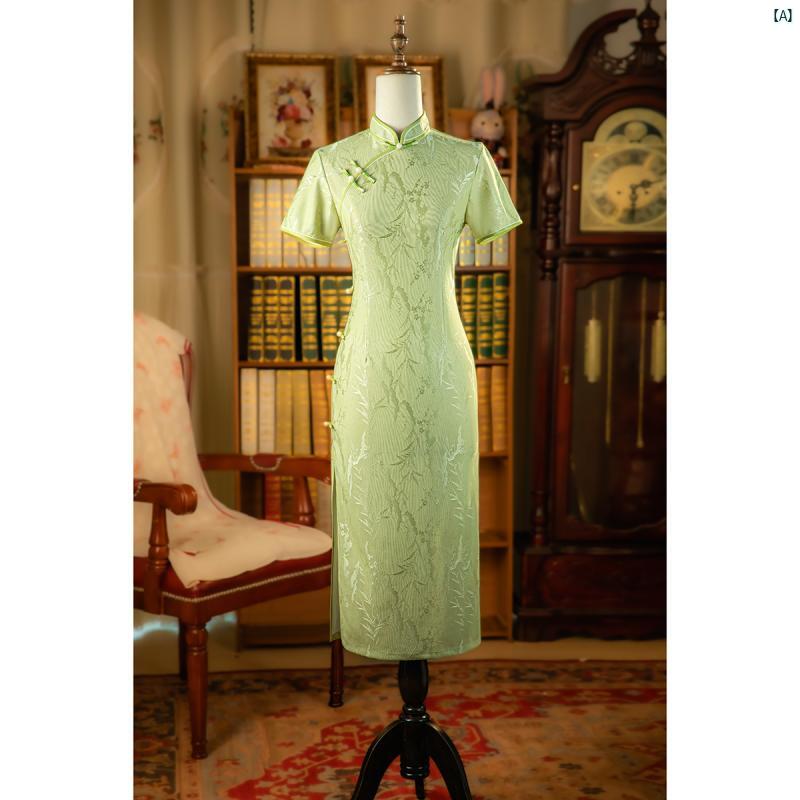 ドレス　チャイナドレス　オシャレ　綺麗　上品　コーデ　大歳　コスプレ グリーン チャイナ ドレス レディース 夏 中華風 若々しい ハイエンド 母 竹 葉 ジャカード(4)