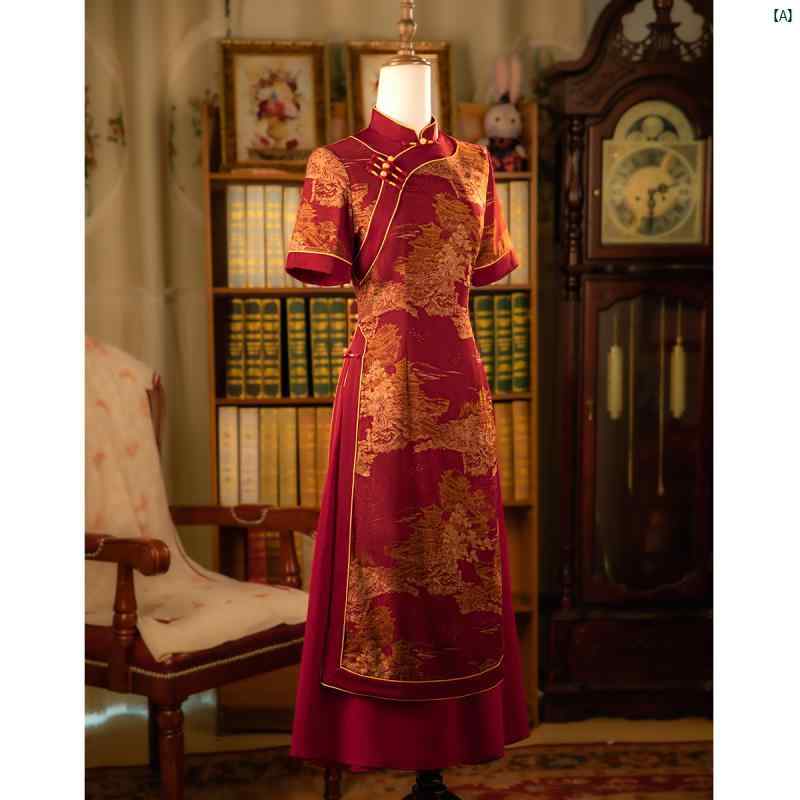 ドレス　チャイナドレス　オシャレ　綺麗　上品　コーデ　大歳　コスプレ 中華風 チャイナ ドレス 夏 バーガンディ アオザイ ダブル 裾 上げ(4)