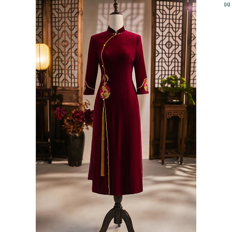 ドレス　チャイナドレス　中国　オシャレ　綺麗　上品　コーデ　大歳　コスプレ レッド アオザイ チャイナ ドレス 乾杯 着用 義母 結婚式 パーティー 衣装 冬 マザー ゴールド ベルベット ロング