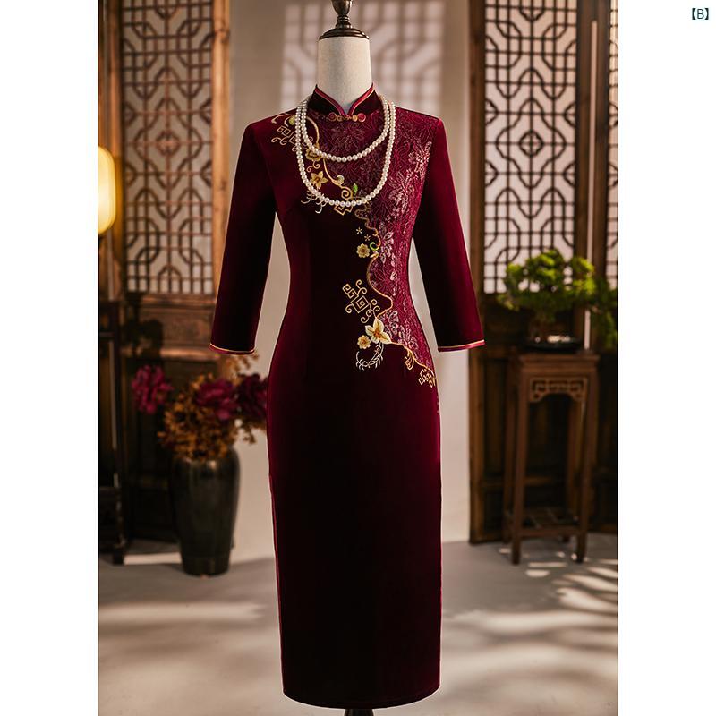 ドレス　チャイナドレス　中国　オシャレ　綺麗　上品　コーデ　大歳　コスプレ ネイビーブルー チャイナ ドレス 秋冬おばあちゃん 結婚式 披露宴 普段着 着用 ベルベット 刺繍