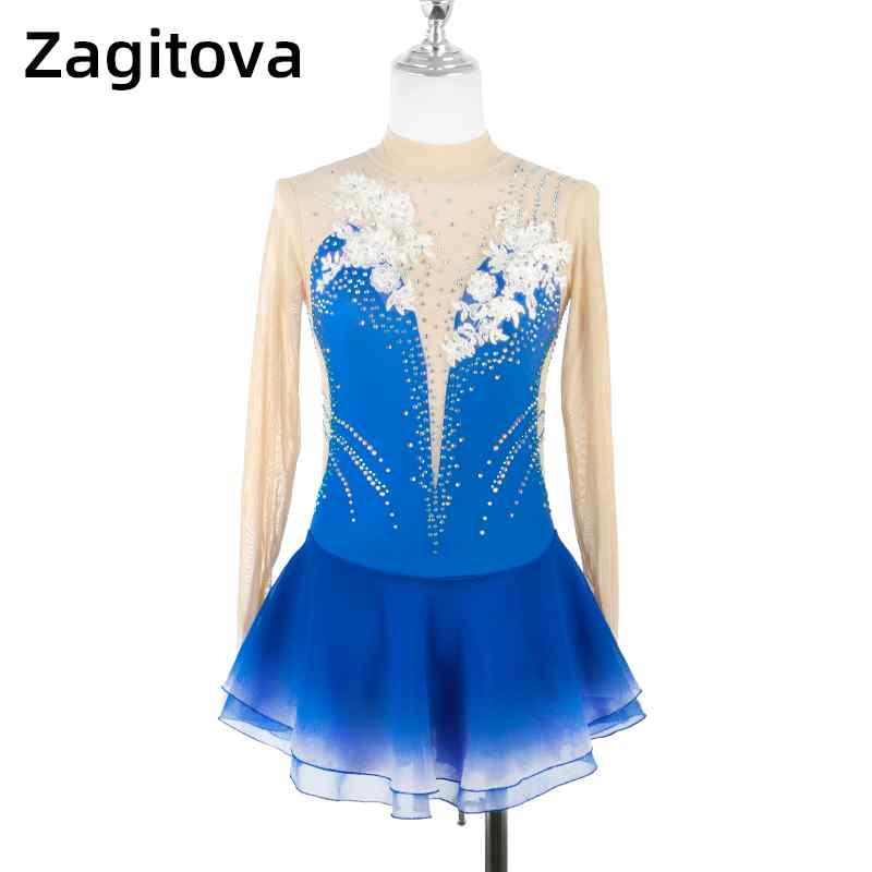 フィギュアスケート　衣装 ZAGITOVA フィギュア スケート パフォーマンス 服 ガールズ 子供用大歳 競技 試験用 サファイア ブルーグラデーション スカート(4)