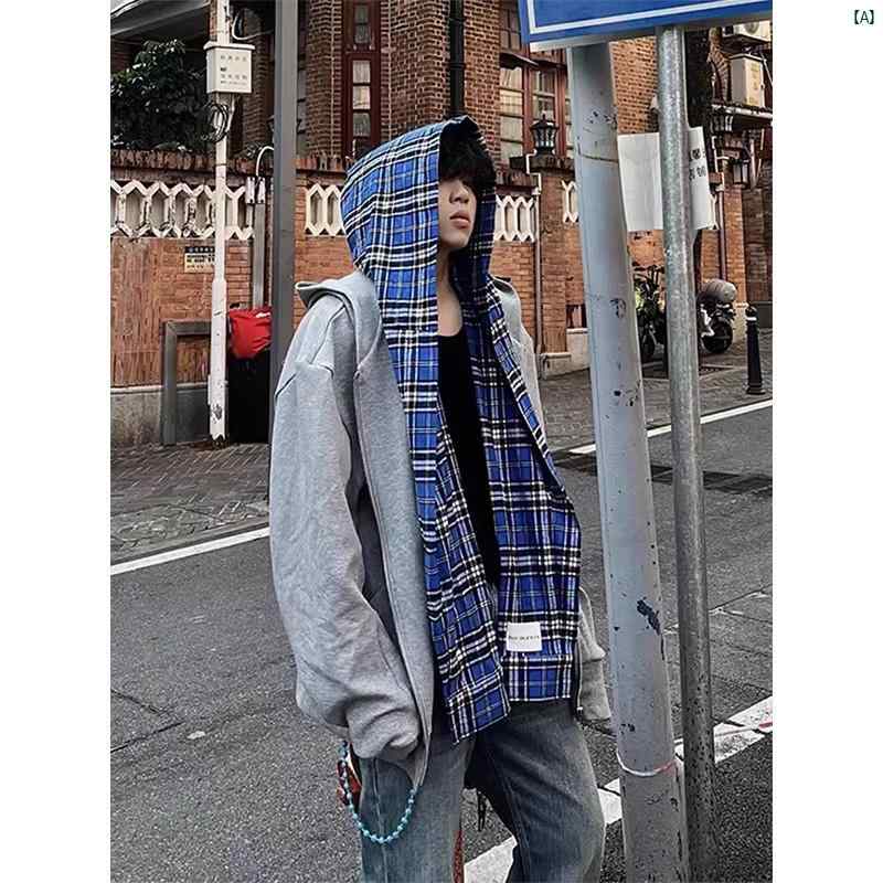 メンズ　ファッション　コーデ　秋　冬コーデ フェイク 2点 スプライシング カーディガン スウェットシャツ メンズ フード付き パーカー アメリカン レトロ クリーン フィット ジャケット