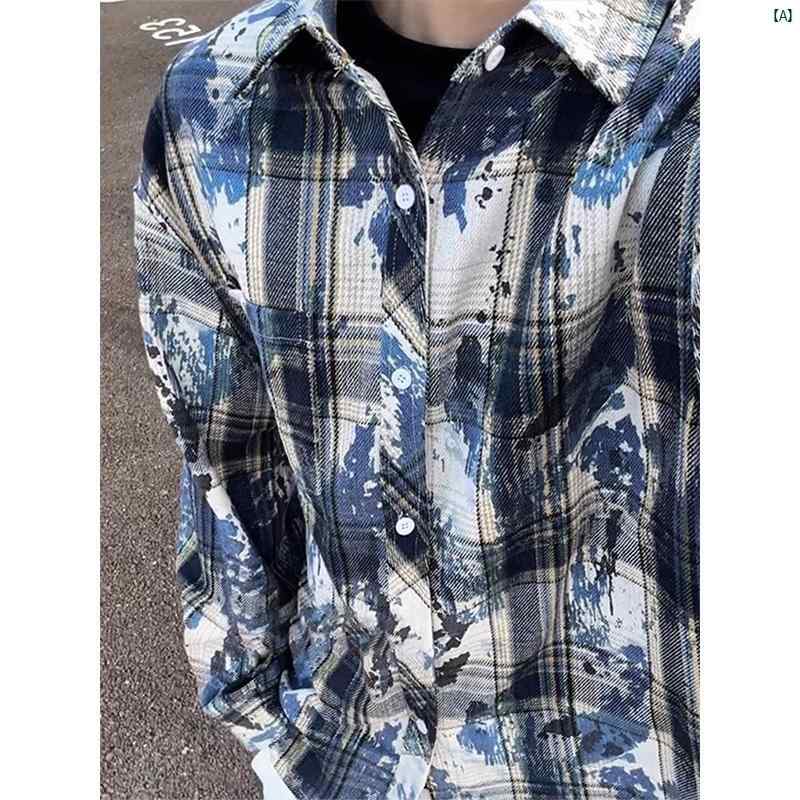 メンズ　ファッション　コーデ　秋　冬コーデ インク ブルーミング チェック柄 シャツ メンズ 長袖 アメリカン レトロ ヴィンテージ ハイエンド タイダイ柄 ジャケット