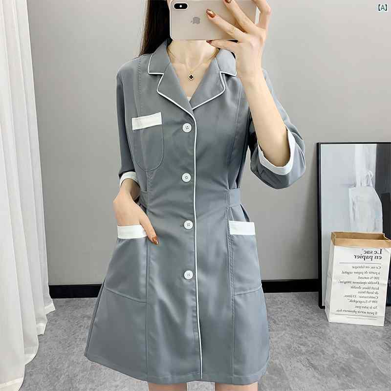 美容室 作業着 レディース 夏 薄手 ロング 丈 半袖 タトゥー 刺繍 医療 美容師 ネイル 皮膚 管理 ホワ..