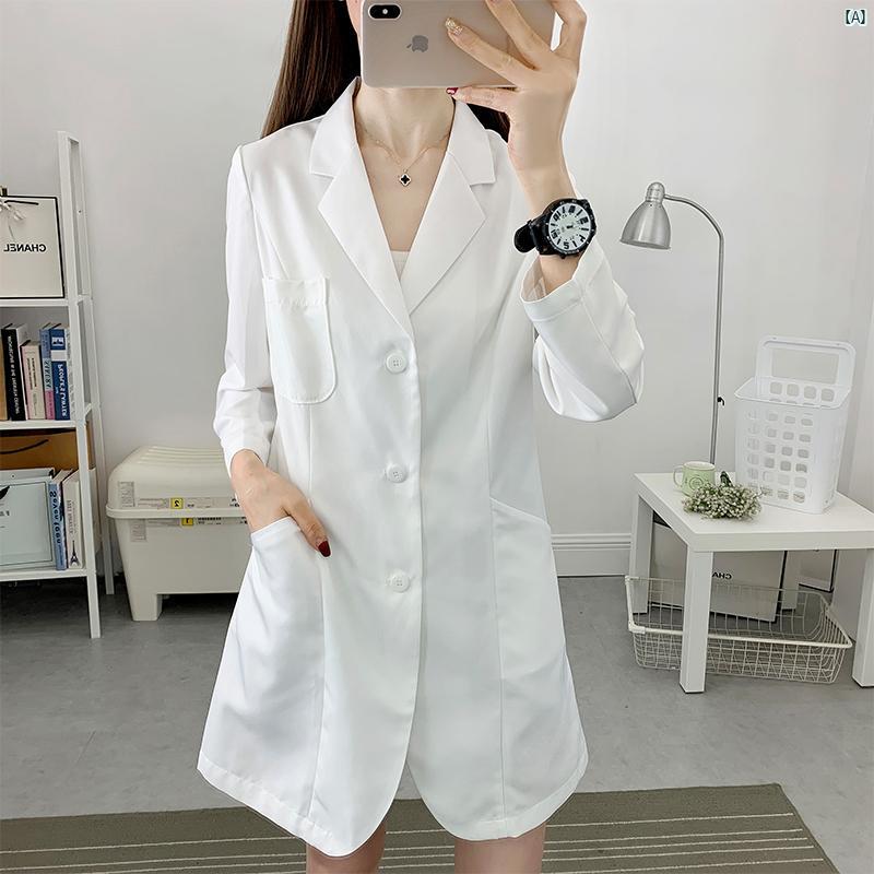 韓国 ホワイト 衣 長袖 レディース 美容院 美容師 作業着 刺繍 肌 管理 教師 夏 薄手 半袖