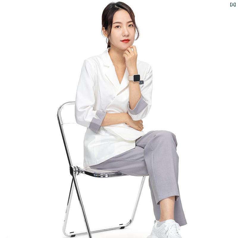 レディース 美容室 作業着 ヘルスクラブ ペディキュア 技術者 美容 服 スキン ケア ホワイト 衣 長袖 ..