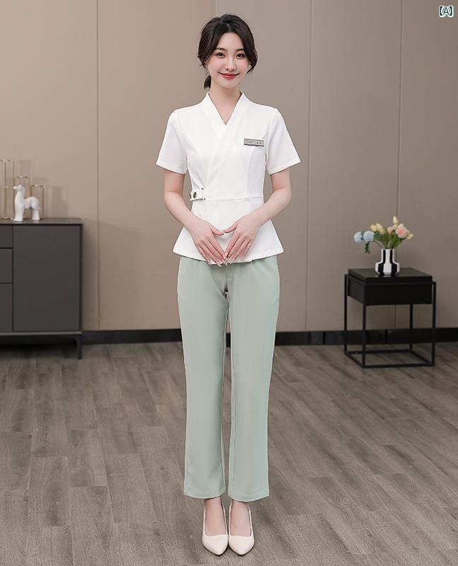 韓国 美容師 作業着 レディース ヘルスクラブ 皮膚 管理 美容院 夏 薄手 半袖 スーツ 刺繍 ロゴ