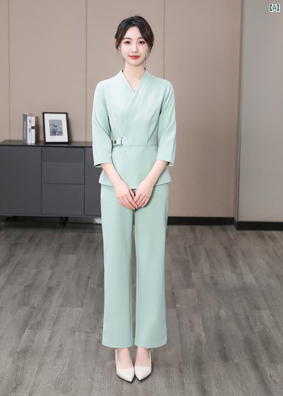 韓国 美容師 春秋 レディース 作業着 ヘルスクラブ 皮膚 管理 美容室 ロゴ 刺繍