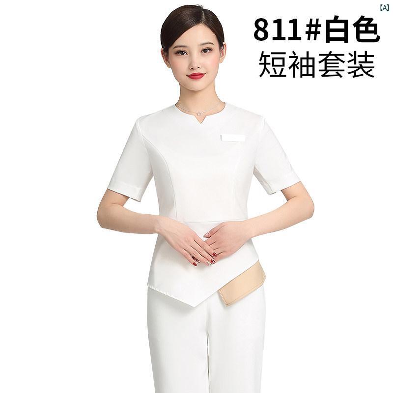 レディース 美容室 作業着 高級 美容師 パンツ スーツ ヘルスセンター 足 湯 技師 マッサージ 師 エレガント ミッド スリーブ