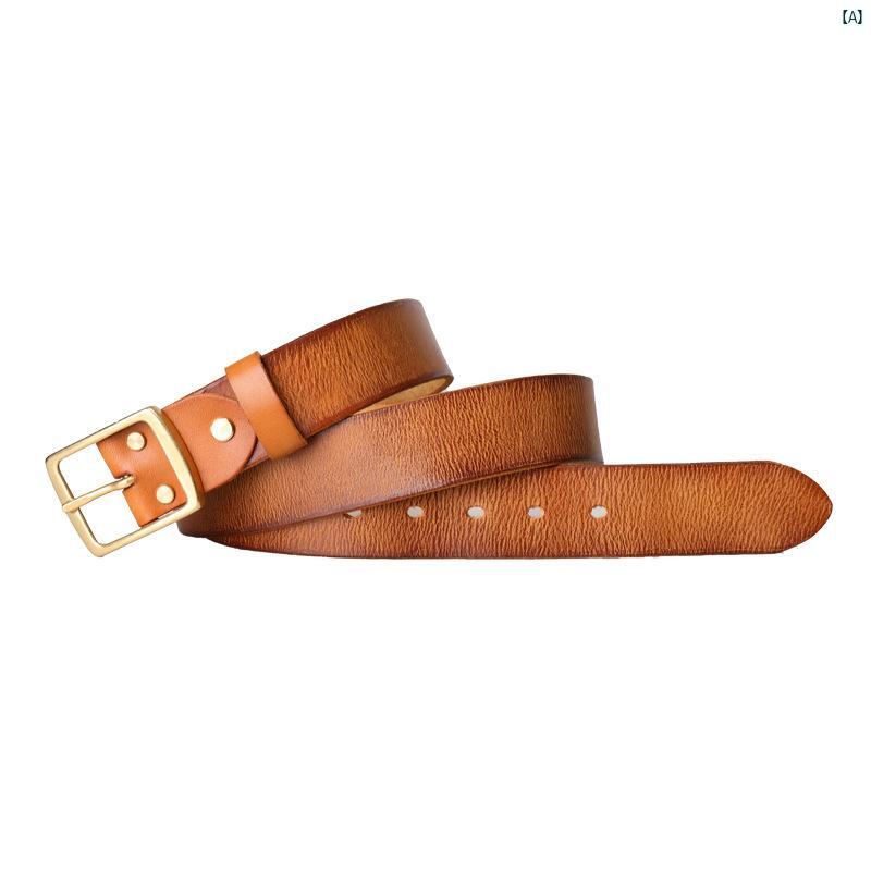 メンズ　コーデ　ファッション 銅 バックル上層 牛革 ベルト レトロ ジーンズ メンズ 手 擦り カラーウ..
