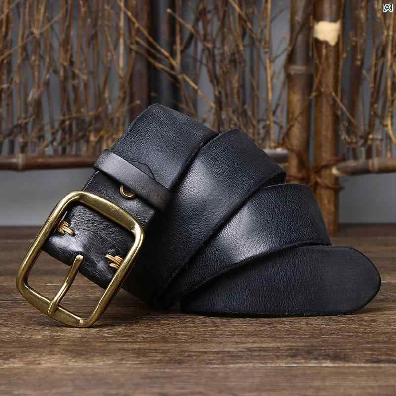 メンズ　コーデ　ファッション アメリカン レトロ ダメージ 加工 プリーツ ベルト 革 ピン バックル上..