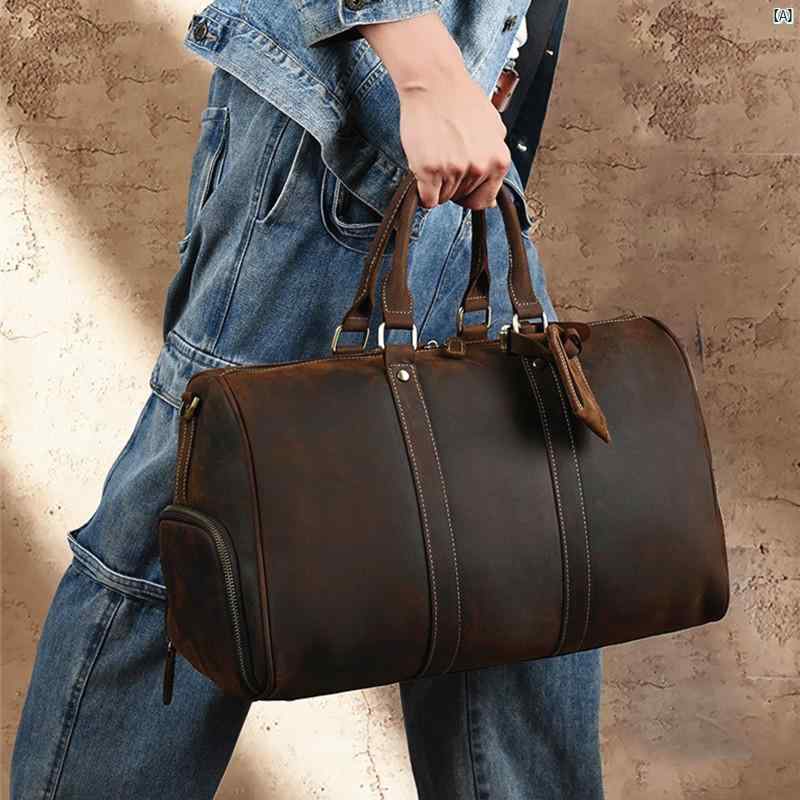 メンズ　コーデ　ファッション シンプル レザー メンズ トラベル バッグ レトロ上層 牛革 クロス ボディバッグ シューズ スロット 付き大容量 荷物 革