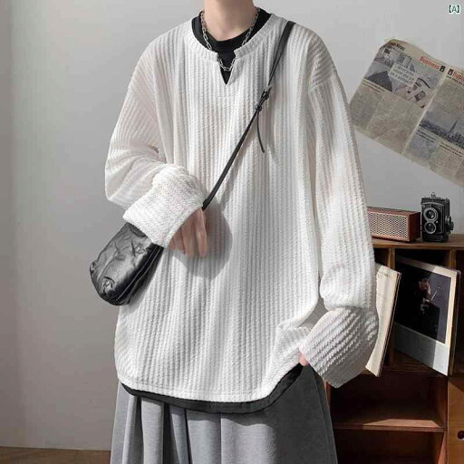 メンズ コーデ ファッション フェイク 2点 長袖 Tシャツ 男性 春秋 ヘビーウェイト ハイエンド ヘンリー カラー インナーシャツ メンズ コーデ ファッション フェイク 2点 長袖 Tシャツ 男性 春秋 ヘビーウェイト ハイエンド ヘンリー カラー インナーシャツ