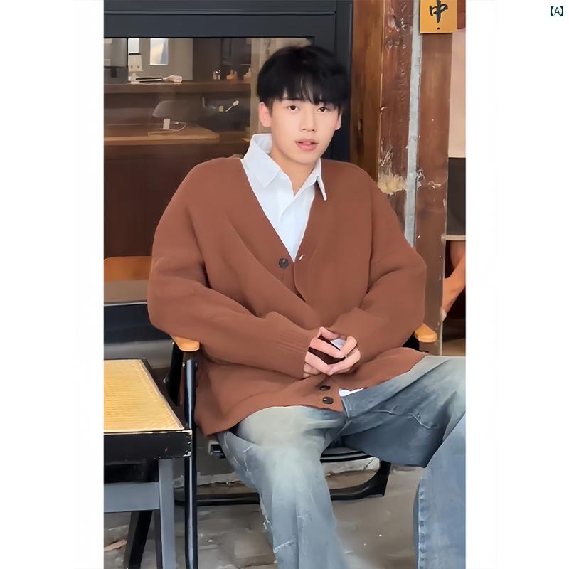 メンズ ファッション コーデ 秋 冬コーデ 春秋 メンズ ブラウン ニット カーディガン ジャケット クリーン フィット 韓国 セーター