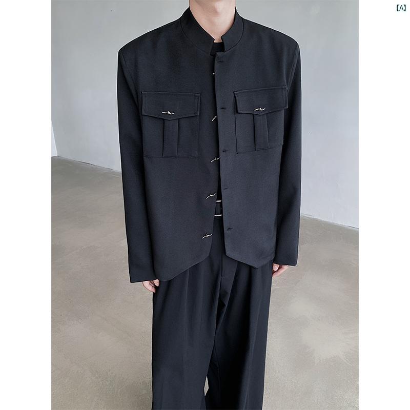 メンズ　コーデ　ファッション 中華風 メタル ボタン スタンドカラー ジャケット 男性 春秋 ハイエンド ショート スーツ